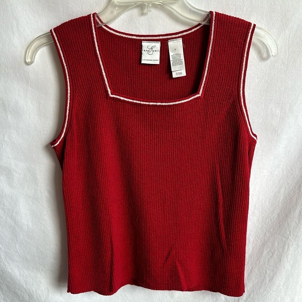 Emma & James red and cream/white square neck sweater tank top, size M